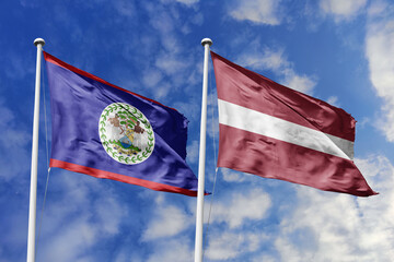 3d illustration. Belize and Latvia Flag waving in sky. High detailed waving flag. 3D render. Waving in sky. Flags fluttered in the cloudy sky.
