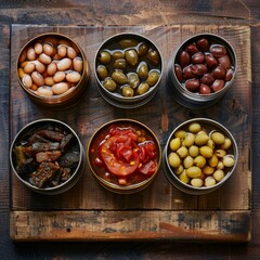 Open tin cans set, preserved products collection, canned food on wooden board top view