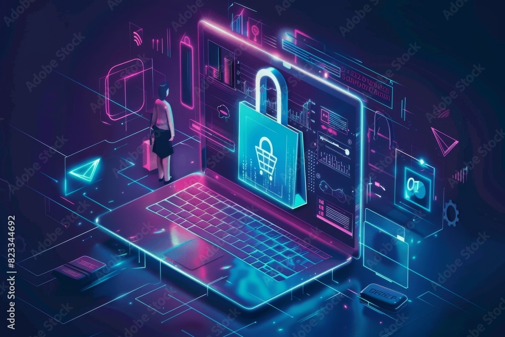 Poster advanced e commerce security with encrypted data protection, featuring a locked laptop and secure tr