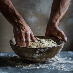 Fototapeta premium Hands preparing dough closeup, dough in a bowl on rustic kitchen table, hands making pizza, bread