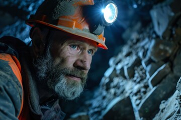 Fototapeta premium Close-up of a miner's headlamp in a rocky mine, highlighting the mining conditions and safety