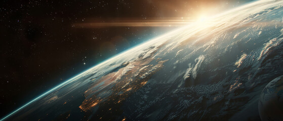 Sunrise edges over a vibrant Earth, casting a breathtaking light.