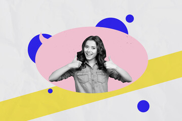 Composite photo collage of excited happy girl show thumb up gesture non verbal communication...
