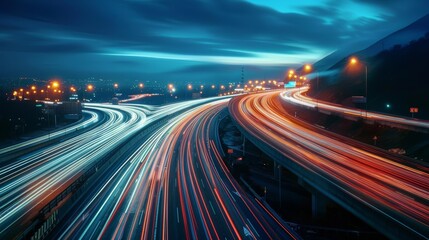 Naklejka premium A captivating long exposure shot of a busy highway at night, showcasing light trails from speeding vehicles against the backdrop of a dark sky.