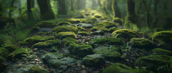 A misty enchanted forest path blanketed with lush green moss.