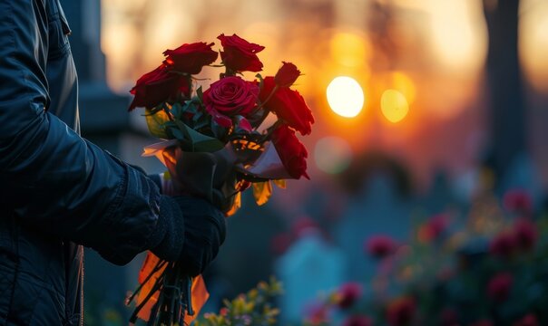 Person Grieving at Gravesite Holding Flowers

