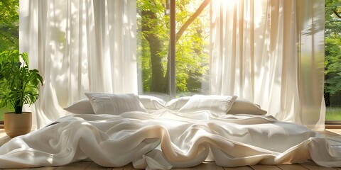 Simplicity in a bedroom with white linens, pillows, and a window view. Concept White Linens, Minimalist Decor, Window View, Relaxing Bedroom