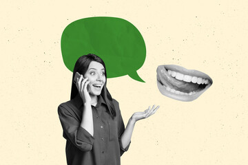 Composite photo collage of astonished girl hold iphone telecommunication call mouth smile...