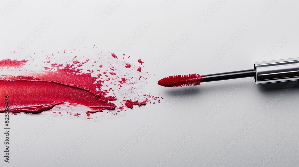 Poster close up of a lipstick with a brush creating a swatch line of classic red matte lipstick on paper. g