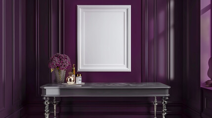 An upscale boutique with a blank frame mockup under a grey polished table, deep purple walls creating an elegant shopping experience.