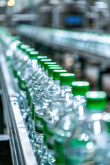A modern water bottle production line in a factory has rows of bottles moving along the conveyor belt, focusing on the green bottles.