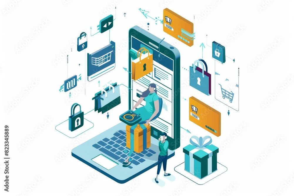 Poster advanced e commerce security with encrypted data protection, featuring a locked laptop and secure tr