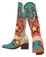 Retro cowgirl boots. Vector isolated illustration. Colorful decorated glamour footwear