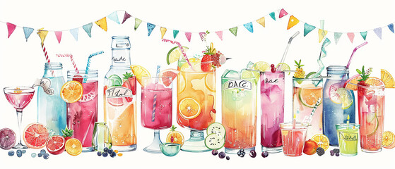A creative cocktail punch bar with large punch dispensers filled with vibrant cocktails, each labeled with whimsical signs, surrounded by colorful glassware and party decorationswatercolor