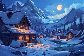 A winter landscape featuring an isolated wooden cabin and snow-covered fir trees on a mountain...