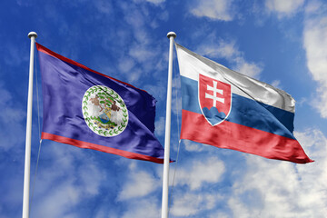 3d illustration. Belize and Slovakia Flag waving in sky. High detailed waving flag. 3D render. Waving in sky. Flags fluttered in the cloudy sky.