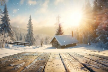 A winter landscape featuring an isolated wooden cabin and snow-covered fir trees on a mountain meadow deep within the forest. Christmas postcard. Snowy mountains forest
