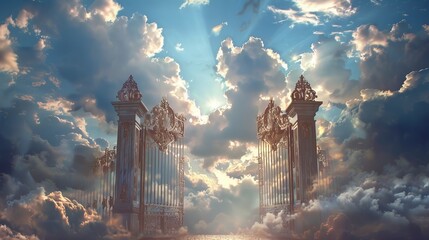 Pearly Gates. Gateway to heaven. Ornate gates open to a radiant sky with sunbeams piercing through ethereal clouds, creating a surreal, heavenly scene.