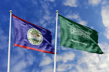 3d illustration. Belize and Saudi Arabia Flag waving in sky. High detailed waving flag. 3D render....