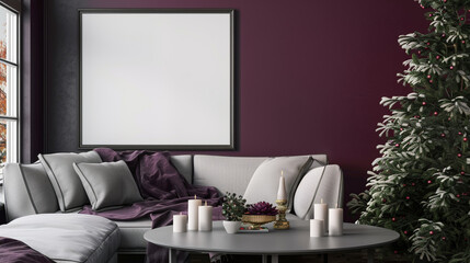 A cozy winter living room with a blank frame under a grey table, deep purple wall adding depth and warmth to the setting.