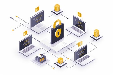 Secure digital network with advanced encryption technology, featuring data protection and privacy measures in a yellow gray tech interface for safe online and computer security