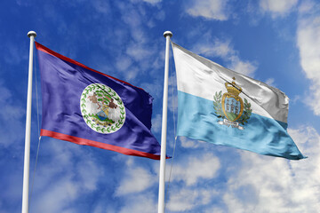 3d illustration. Belize and San Marino Flag waving in sky. High detailed waving flag. 3D render....