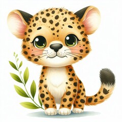 A cute cartoon cat with green eyes and a black and brown spotted coat