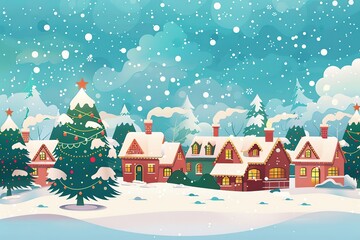Evening winter village landscape with snow covered house. Christmas holidays vector illustration