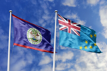 3d illustration. Belize and Tuvalu Flag waving in sky. High detailed waving flag. 3D render. Waving...