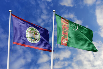 3d illustration. Belize and Turkmenistan Flag waving in sky. High detailed waving flag. 3D render....