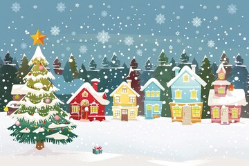 Evening winter village landscape with snow covered house. Christmas holidays vector illustration