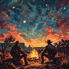 Two cowboys sit by a campfire under a starry twilight sky, capturing the serene beauty of the western landscape.