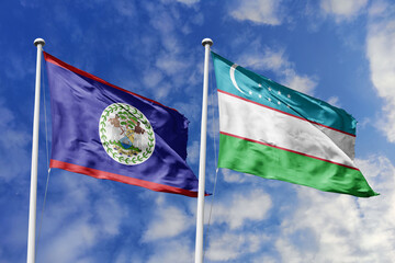 3d illustration. Belize and Uzbekistan Flag waving in sky. High detailed waving flag. 3D render....