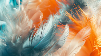 A vibrant, intricate display of nature's delicate design, captured in a mesmerizing abstract close-up of feathers, A close-up view of a collection of bright and varied feathers, showing their texture