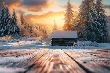 A winter landscape featuring an isolated wooden cabin and snow-covered fir trees on a mountain...
