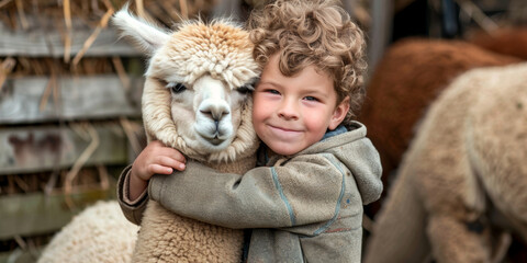 child hugging alpaca in petting zoo. kid embracing llama at farm, domestic animal zoo ad banner concept, horizontal with copy space