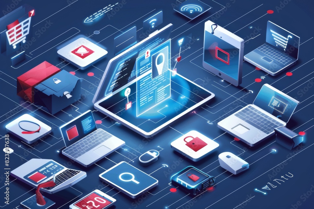 Poster advanced e commerce solutions with encrypted transactions and secure online shopping, featuring a mo