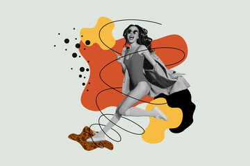 Creative picture collage attractive pretty girl bikini tourist traveler lollipop dessert sweet drawing doodles background