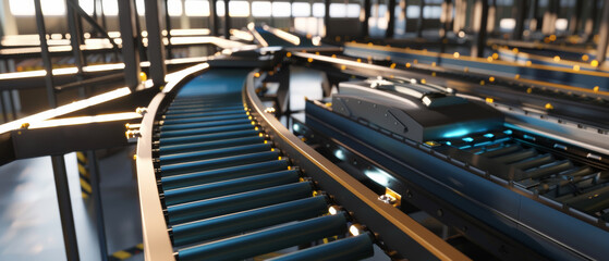 Conveyer belts in a high-tech facility curve gracefully, streamlining the manufacturing process.