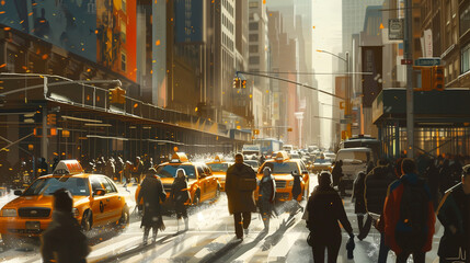 A dynamic image capturing the hustle and bustle of city life during rush hour, generative ai