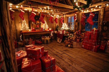 Christmas or New Year background: gifts, colored glass balls, decoration and cones on wooden background