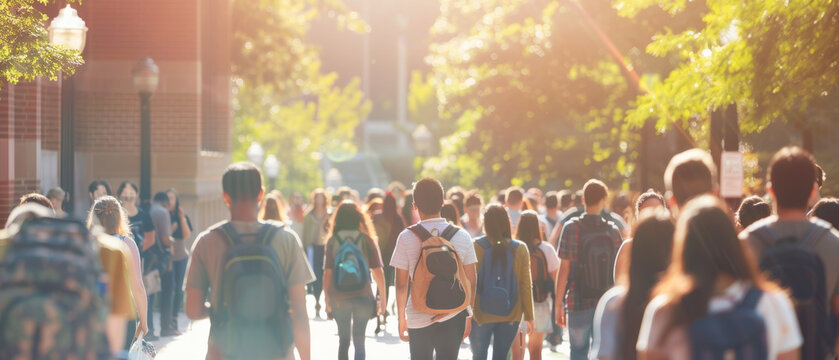 Crowded campus walkway bathed in morning light, a hive of academic aspirations and social life.