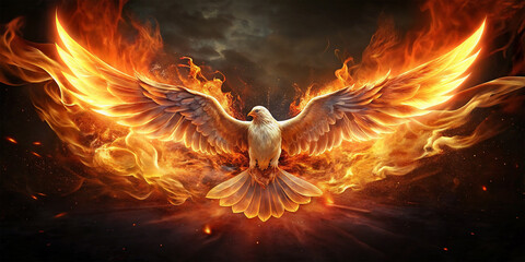 Fototapeta premium Winged dove in flames, a representation of the New Testament Holy Spirit with copy space 