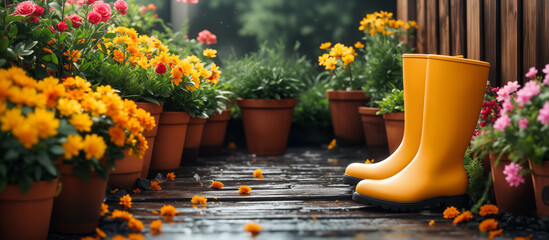 Spring background with yellow rubber boots in the garden. AI Generative