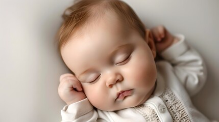 Peaceful sleeping baby portrait. Soft light, cozy. The adorable baby is resting quietly. A beautiful image of newborn tranquility. AI