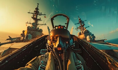 A pilot in the cockpit of a fighter plane, flying over military ship