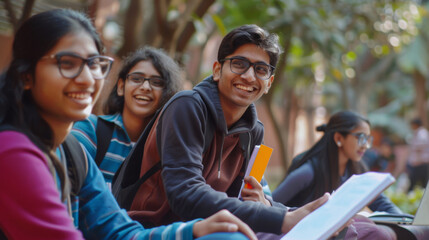 Indian ethnic students enjoying a moment of laughter and fun in a college campus