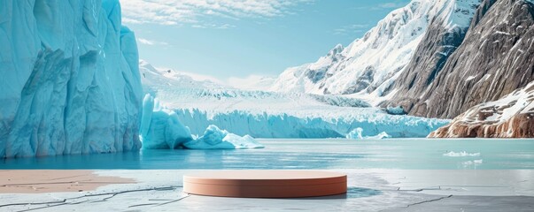 High-contrast pop art styled mockup with a podium in icy Arctic landscape