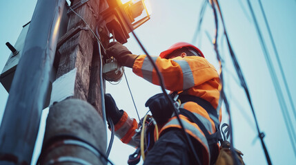 An electrician working on electric pole 