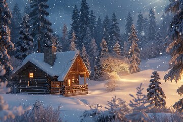 Fototapeta premium A winter landscape featuring an isolated wooden cabin and snow-covered fir trees on a mountain meadow deep within the forest. 